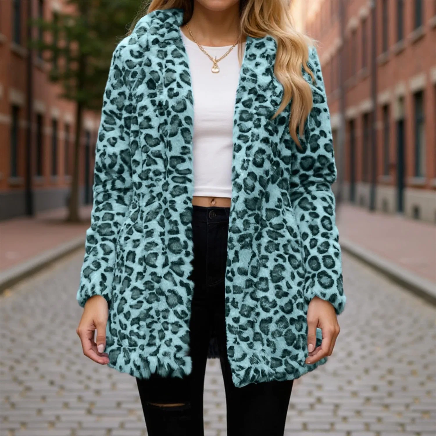 Женское пальто с принтом леопарда Women Fleece Jacket Open Front Stand Collar Leopard Print Fluffy Thick Warm Winter Coat, Verde Menta — фото 2