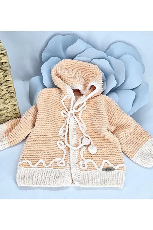 Детский кардиган для девочек с капюшоном Hand Knitted Hooded Velvet Girl's Cardigan Evitle, Salmon — фото 2