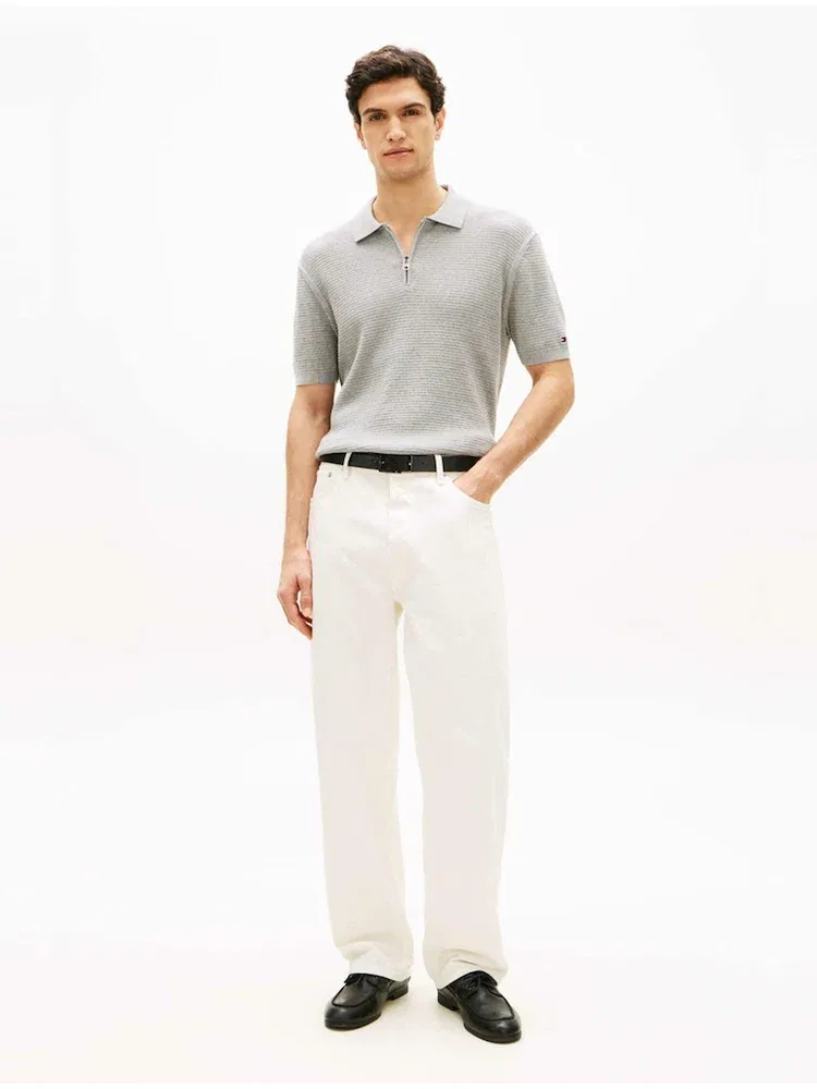 Свитер полувер с фактурным узором, полузастежка поло TOMMY HILFIGER, Light Grey — фото 2
