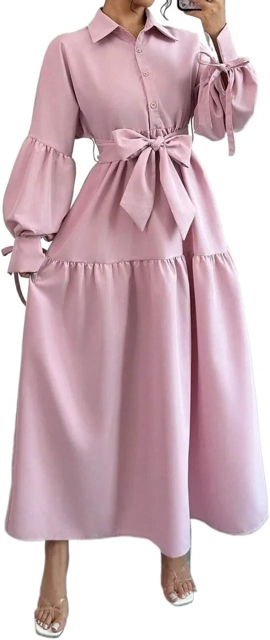 Женское повседневное платье-рубашка с поясом, Pink