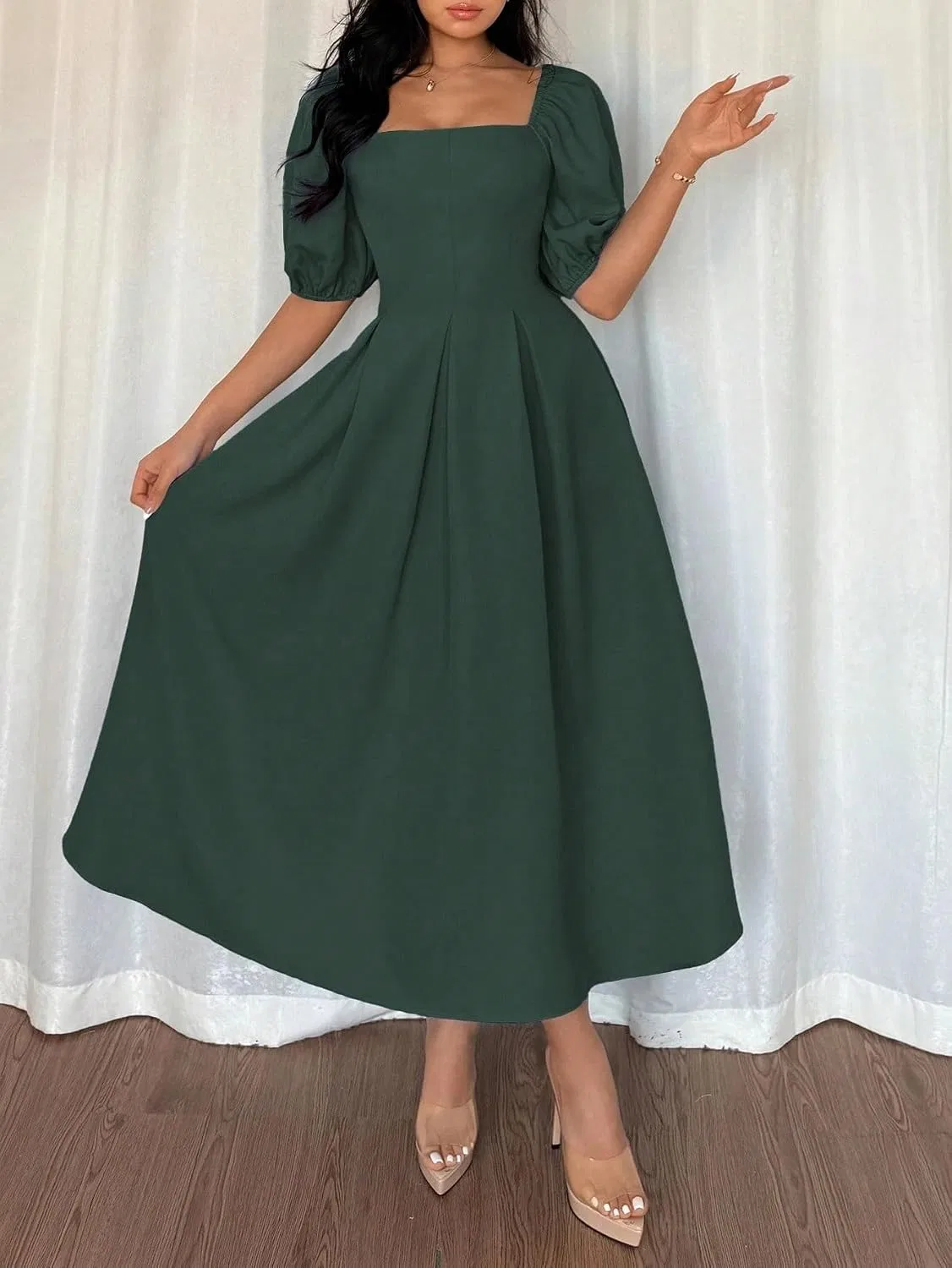 Женское миди-платье с воланами и рукавами-фонариками, Dark Green — фото 4