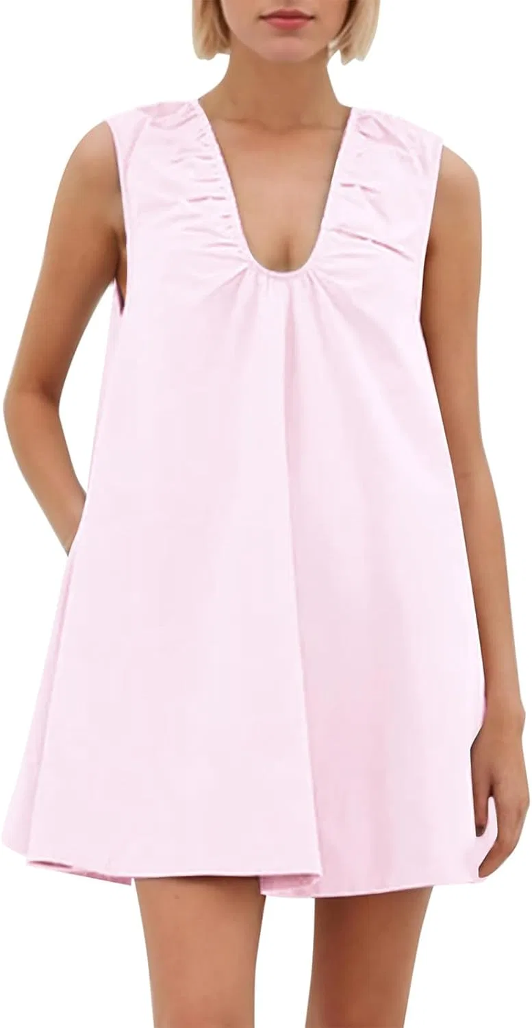 Женское мини-платье без рукавов с защипами Casual, Pink