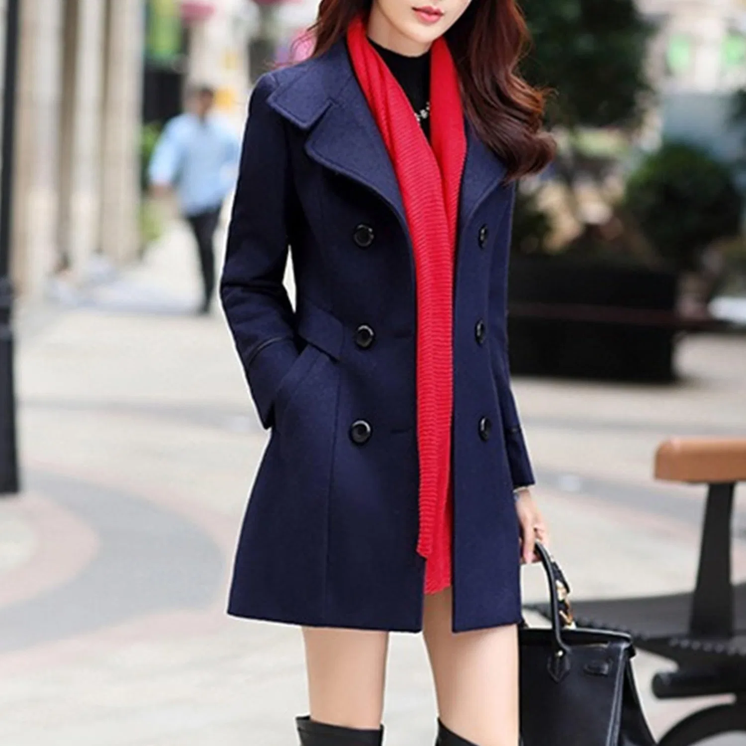Женское зимнее пальто с воротником-питерпэн, двубортное, Blu navy — фото 4