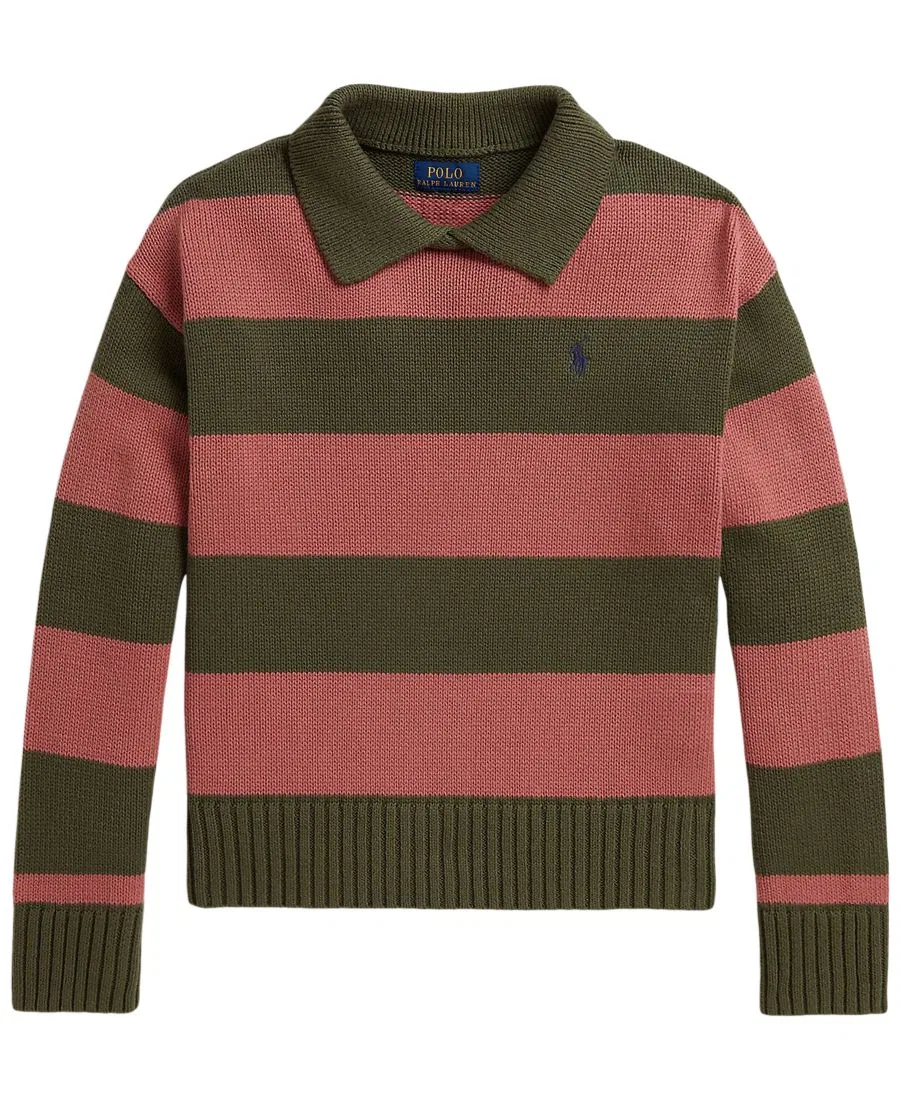 Свитер-поло с длинным рукавом, модель Striped Long-Sleeve Polo Sweater Polo Ralph Lauren, Cruise Olive Multi — фото 4