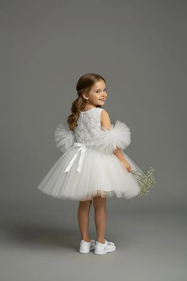 Детское платье для девочек с помпонами Party Delfini Kids, White — фото 2