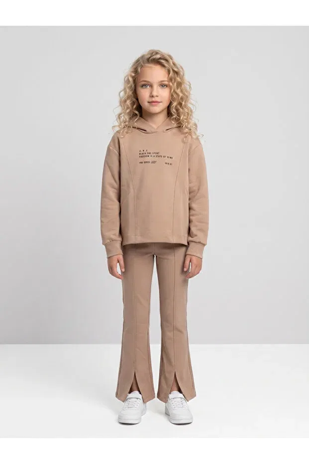 Детский комплект свитшота и брюк для девочек с принтом Basics Black One, Beige — фото 3
