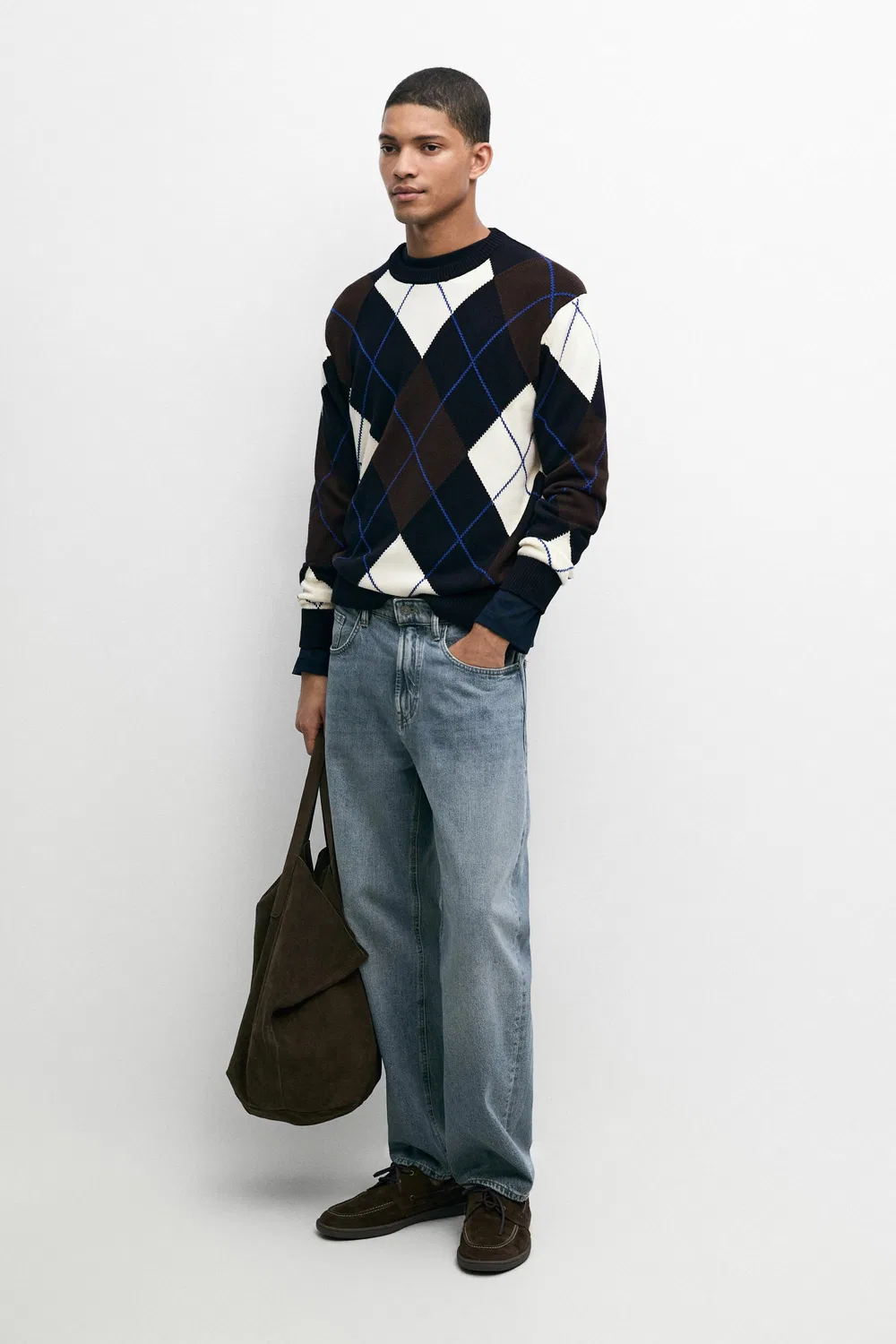 Свитер Massimo Dutti, хлопковый, ромбовидный узор, темно-синий