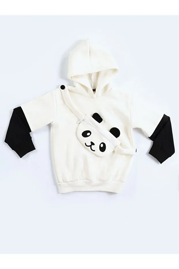 Детское худи для мальчиков с принтом Panda Unisex Cream Sweatshirt With Mobile Bag Casabony, Nude Color — фото 4