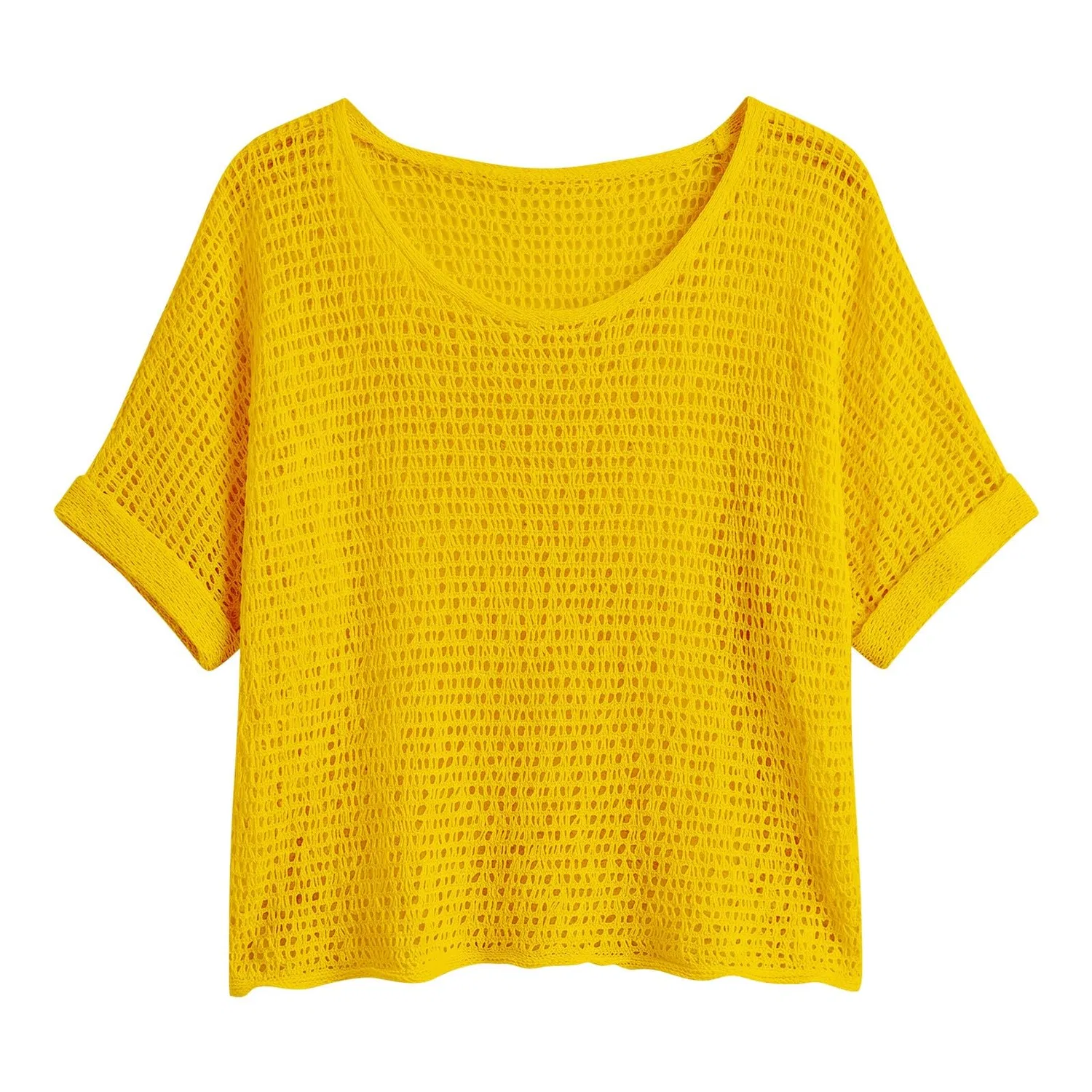 Женский вязаный топ с круглым вырезом и коротким рукавом, Yellow — фото 3