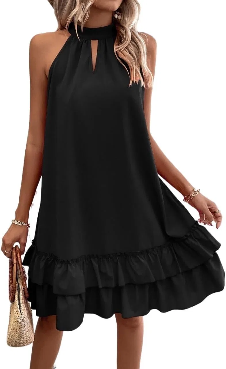 Женское летнее платье с воланами и вырезами, Sleeveless Tiered Ruffle, Black
