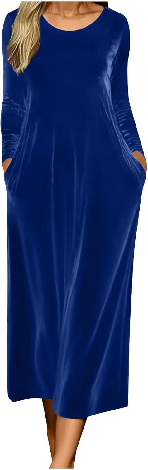 Женское свободное платье-макси A-line с карманами, Blue