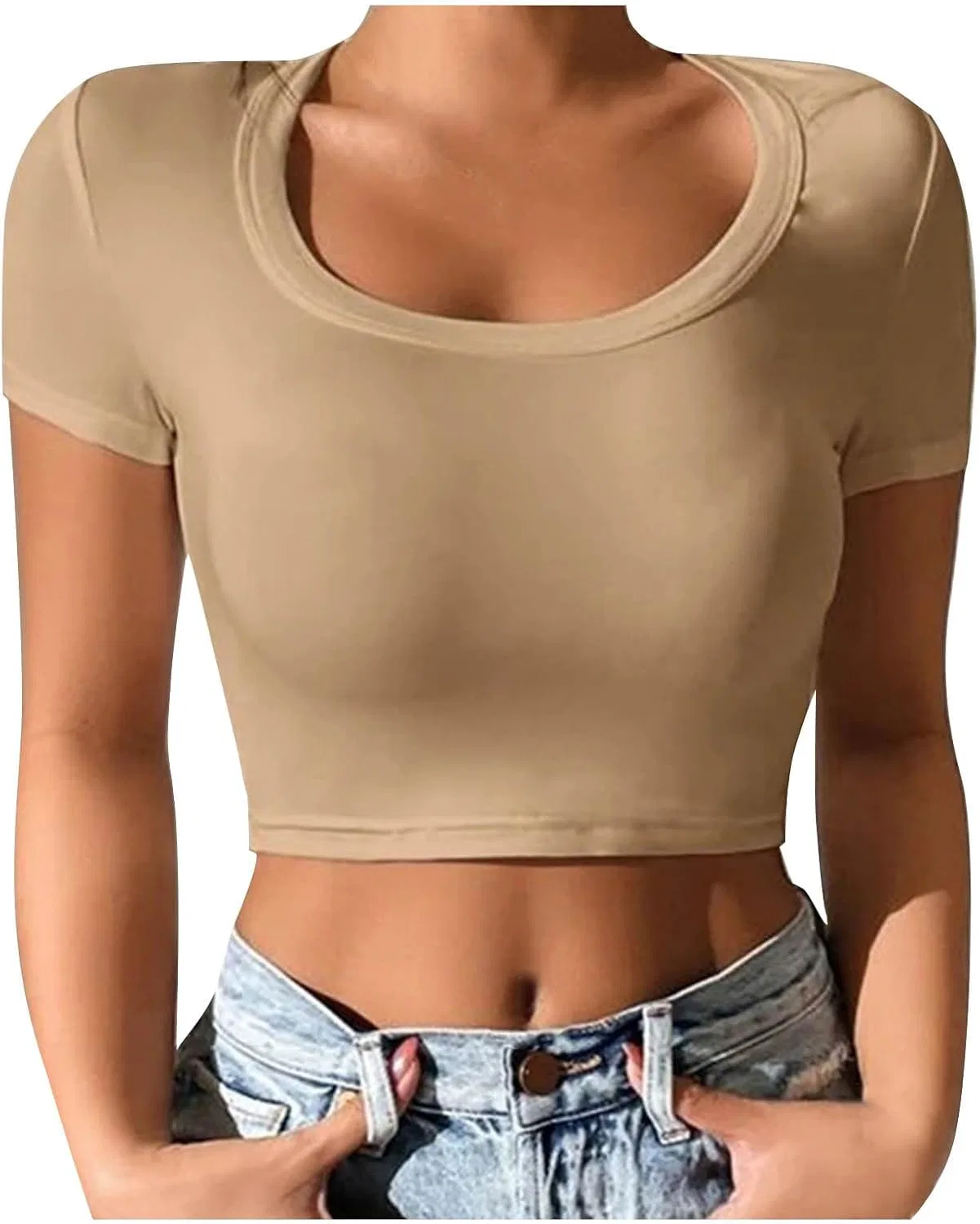 Женская облегающая футболка с круглым вырезом, Ribbed Knitted, Khaki