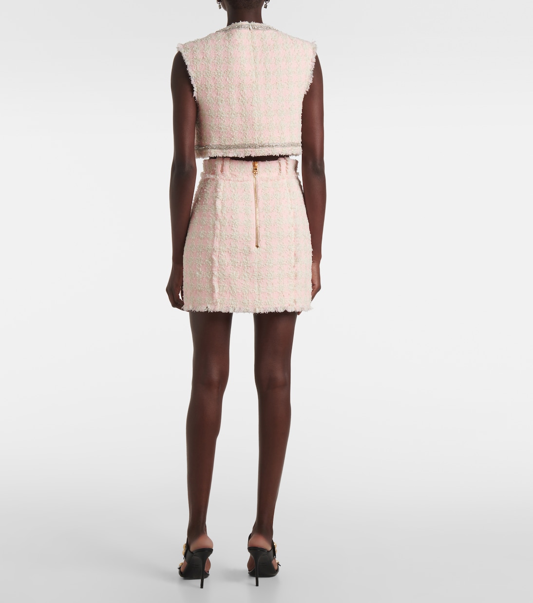 Мини-юбка из клетчатого твида Balmain, Rose/Beige — фото 3