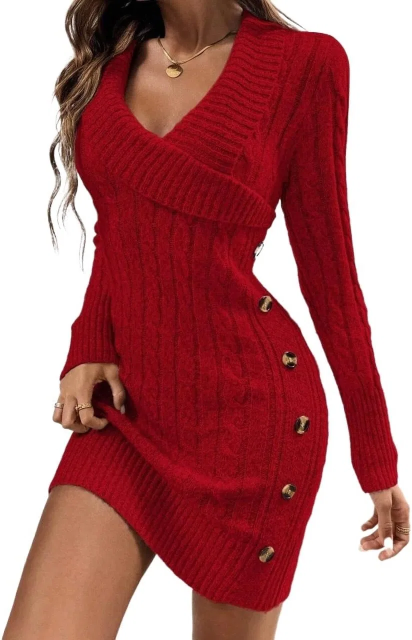 Женское вязаное платье с асимметричным вырезом, Red