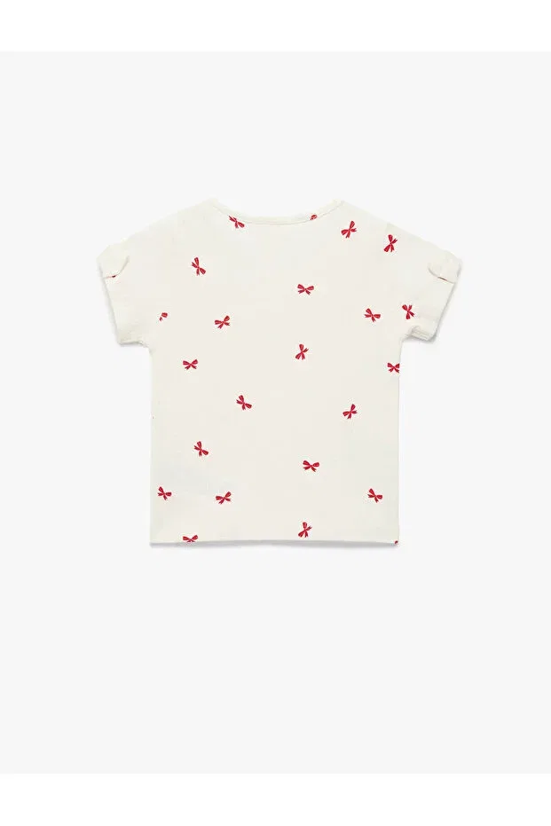 Детская футболка для девочек хлопковая Ecru baby girl t-shirt with bow detail Koton, Ecru Patterned — фото 2