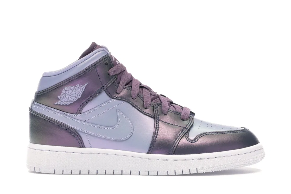 Детские кроссовки с кожаным верхом Jordan 1 Mid, Monsoon Blue/Purple Rise-Violet Dust-White-Melon Tint