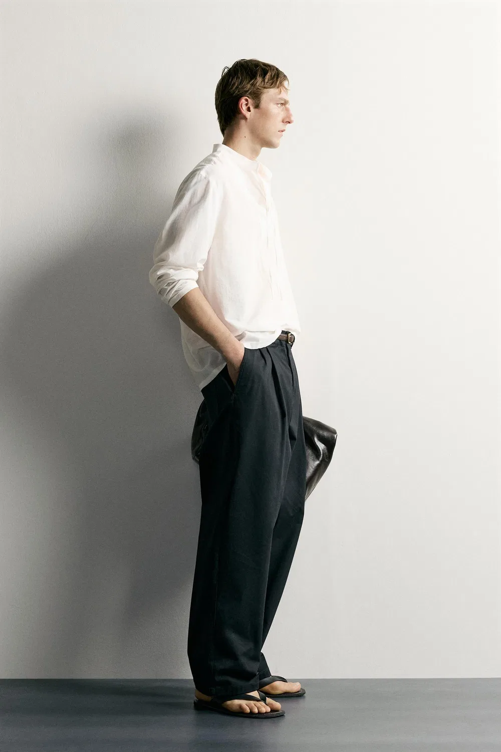 Рубашка свободного кроя из хлопка и вискозы с завязками. ZARA, Oyster-white — фото 4