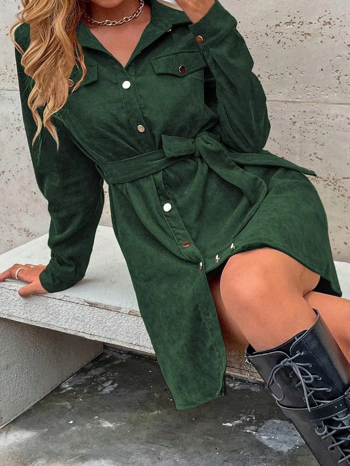 Женское повседневное платье-рубашка с поясом Corduroy, Dark Green — фото 4