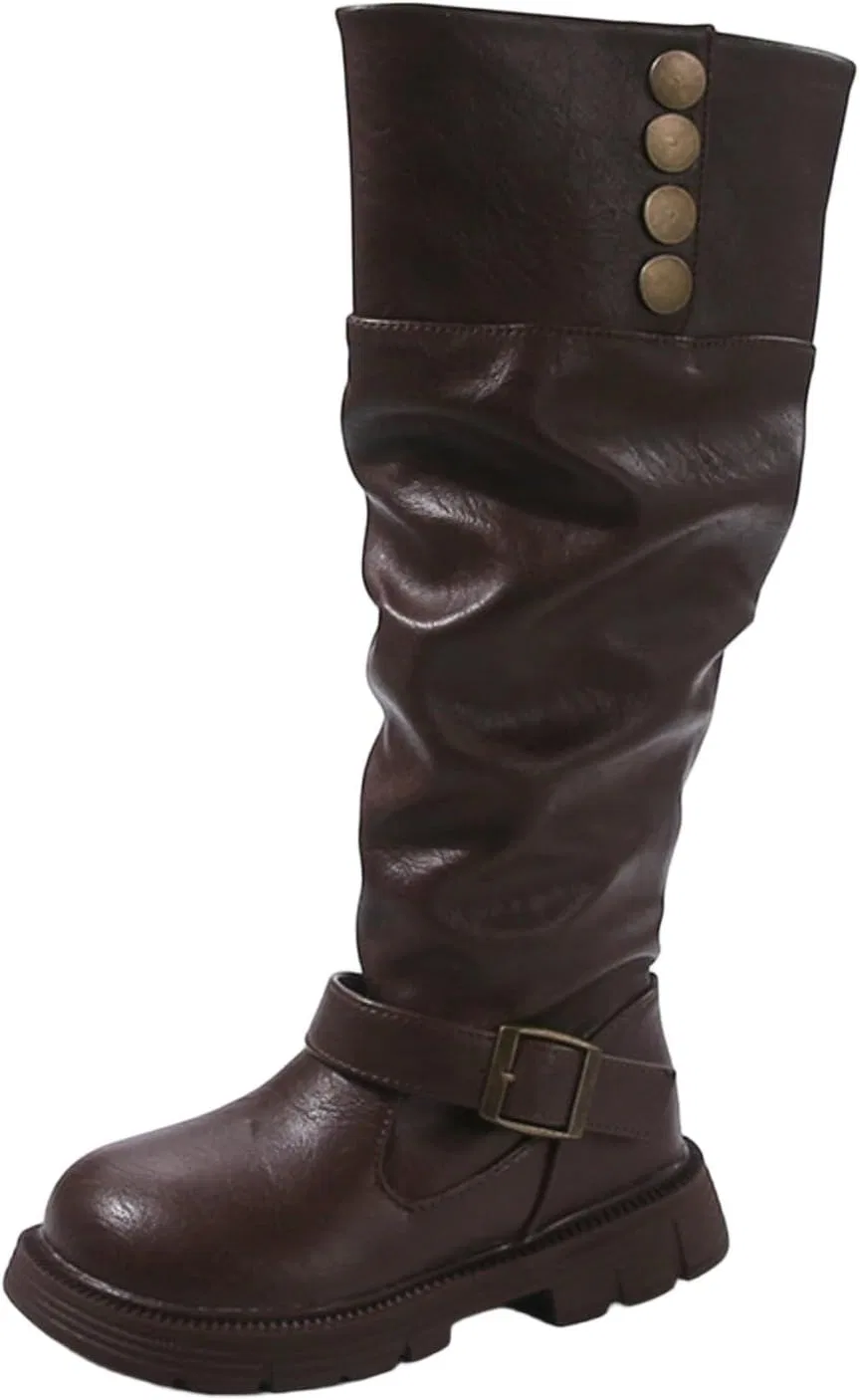 Детские сапоги для девочек с эффектом сливона и пряжкой, Brown