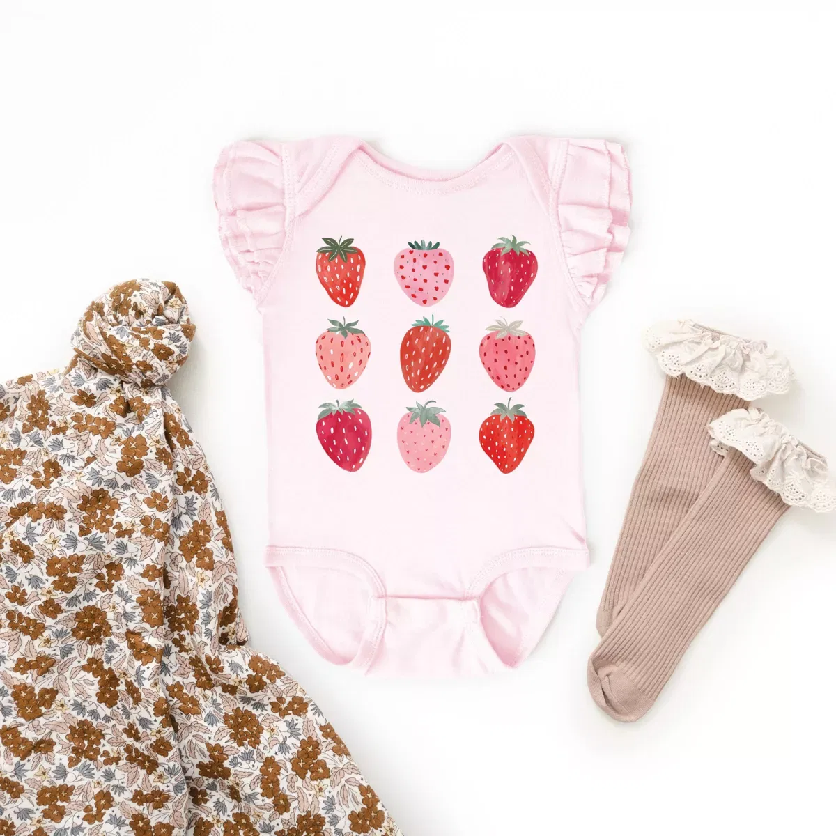 Детский боди с баской The Juniper Shop Strawberry Watercolor Chart Flutter Sleeve, Ballerina — фото 3