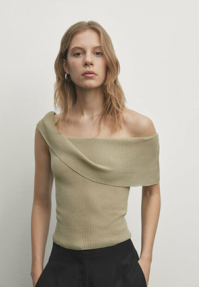 

Футболка с принтом Off-The-Shoulder Massimo Dutti, светло-коричневая