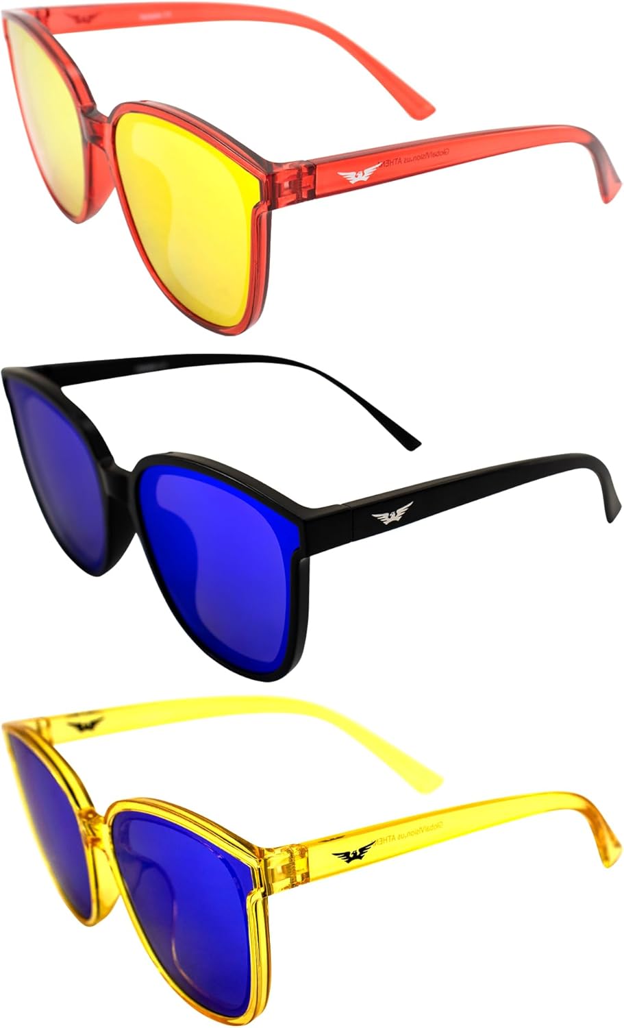 

Солнцезащитные очки Global Vision Eyewear Athena Fashion для женщин, 3 пары: красные с красными зеркальными линзами, черные с синими зеркальными линзами и желтые с синими зеркальными линзами, Red-red/Black-blue/Yellow-blue
