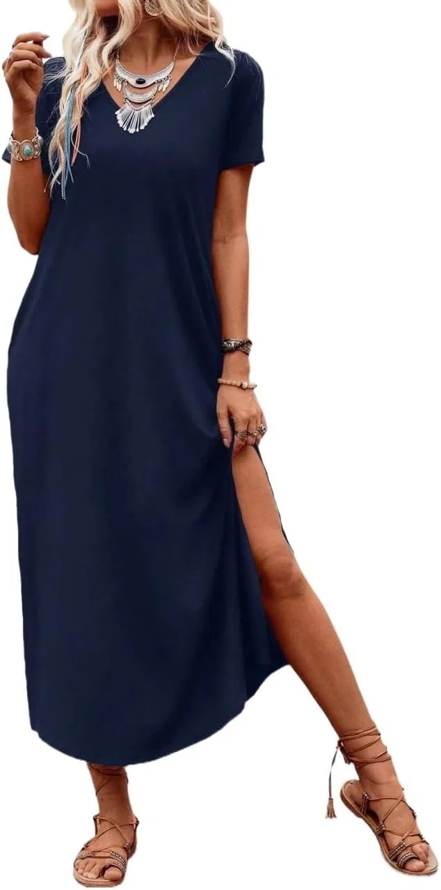 Женское свободное платье миди с асимметричным вырезом, Navy Blue