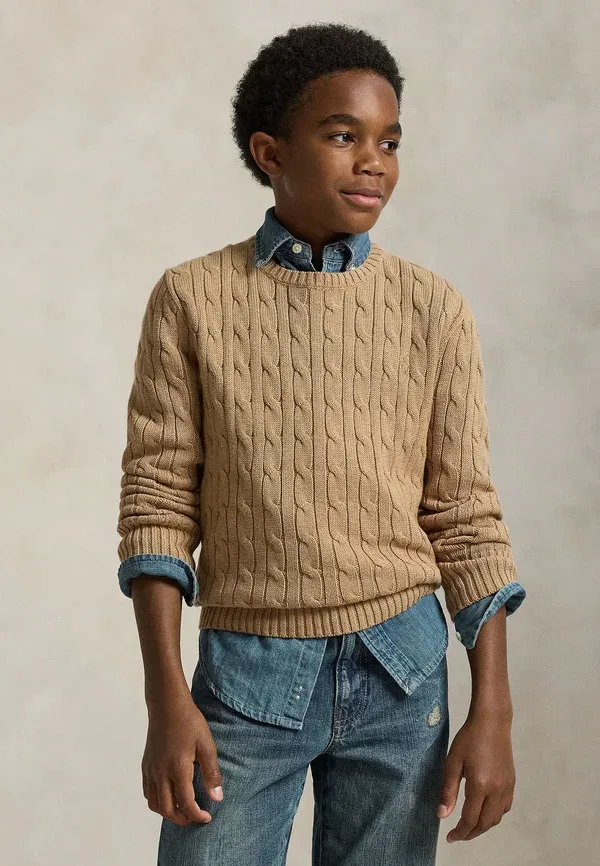 Джемпер с косами Cable-knit cotton sweater Polo Ralph Lauren, Camel Heather, коричнево-бежевой — фото 2