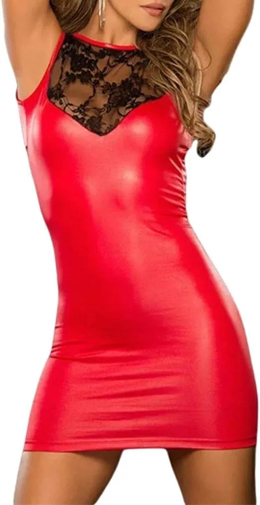 Женское мини-платье из PU-кожи с кружевной вставкой, Red