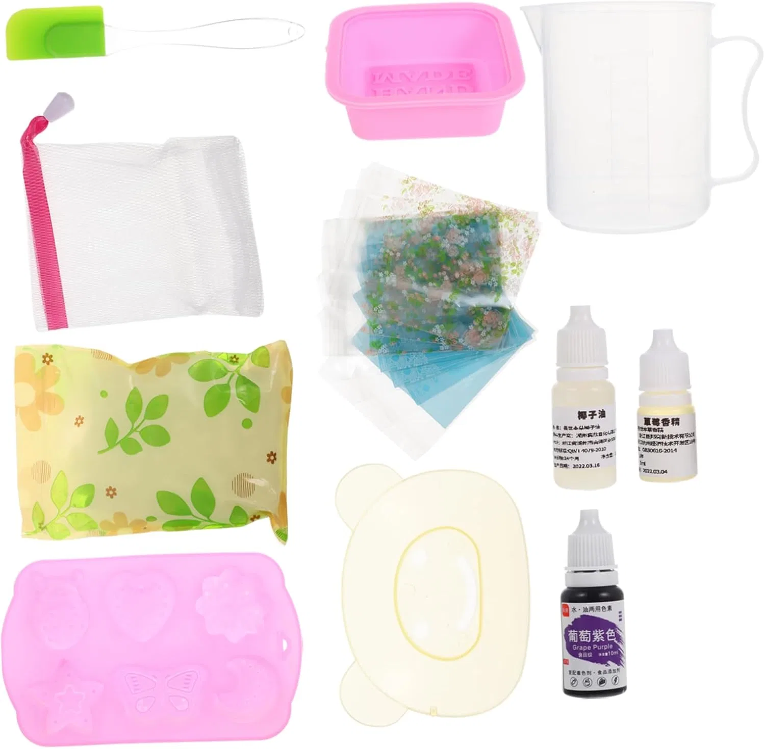 Набор для мыловарения DIY, DECORNIJIA, 1 упаковка мыльной основы, 1 флакон пигмента, 1 флакон эссенции, 1 флакон базового масла, 2 силиконовые формы, 1 держатель для мыла, 1 скребок, 1 мерный стакан, 1 сетка для пены, 10 пакетов для упаковки