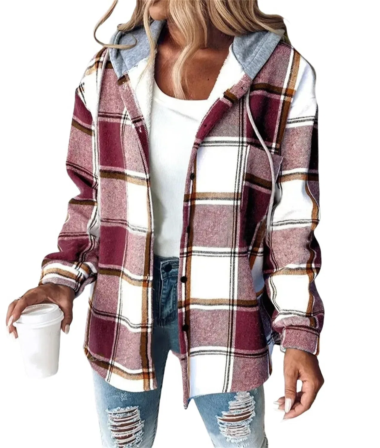 Женская куртка с принтом в клетку с завязками, модель Women Fashion Red Plaid Print Drawstring Jacket, Rosso Mattone