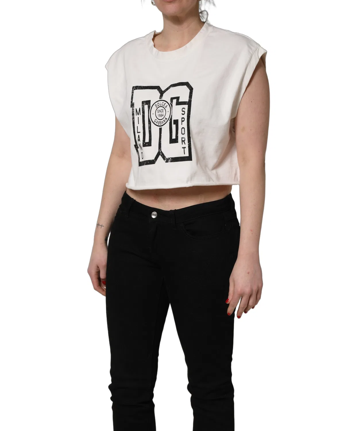 Топ укороченный из джерси с принтом логотипа Dolce & Gabbana, White — фото 4