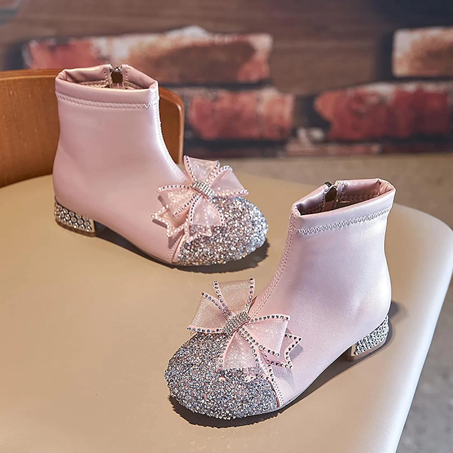 Детские ботинки для девочек с бантом и блестками, Pink — фото 3