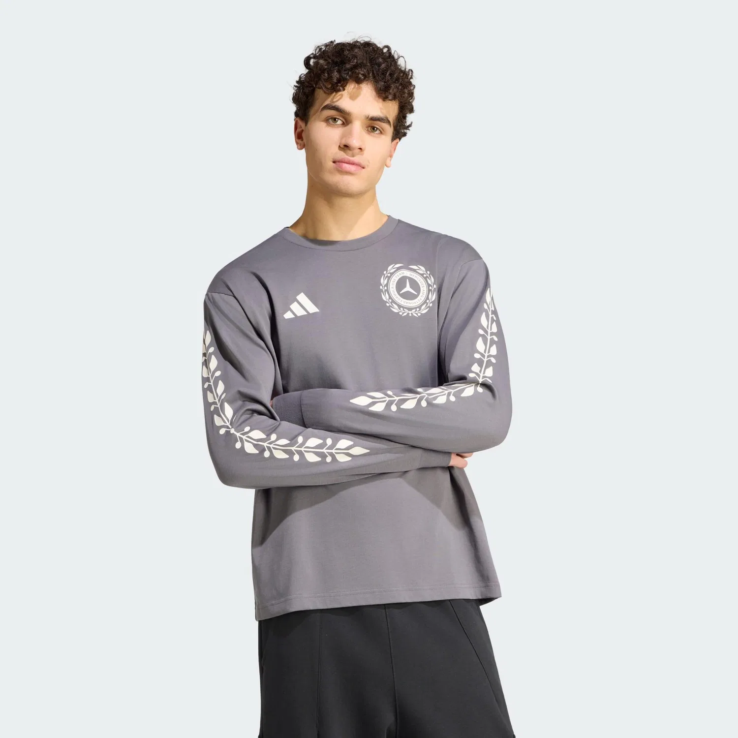 Мужской лонгслив свободного кроя Mercedes-AMG Petronas Formula 1 Team Silver Arrows Adidas, Цвет Grau Weiss