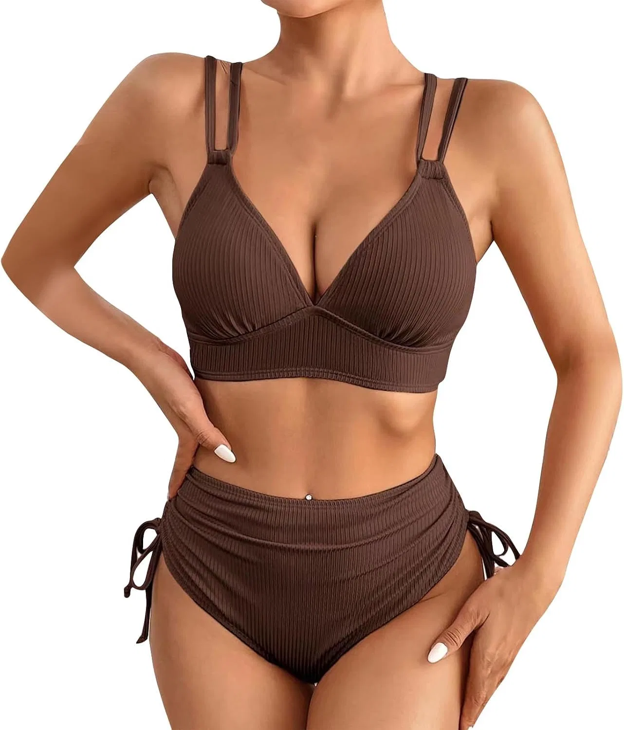 Женский бикини-сет с высокой талией Ribbed, A01 Coffee