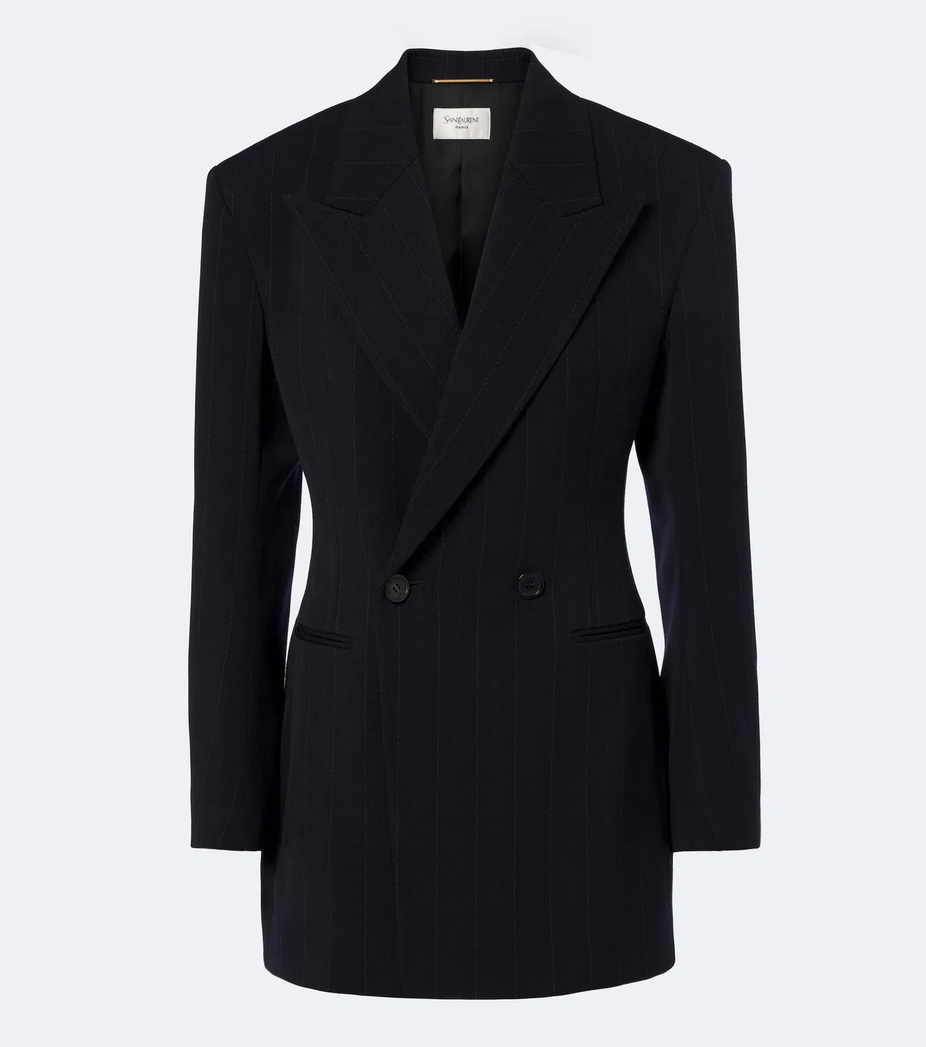 Шерстяной двубортный блейзер в меловую полоску Saint Laurent, синий