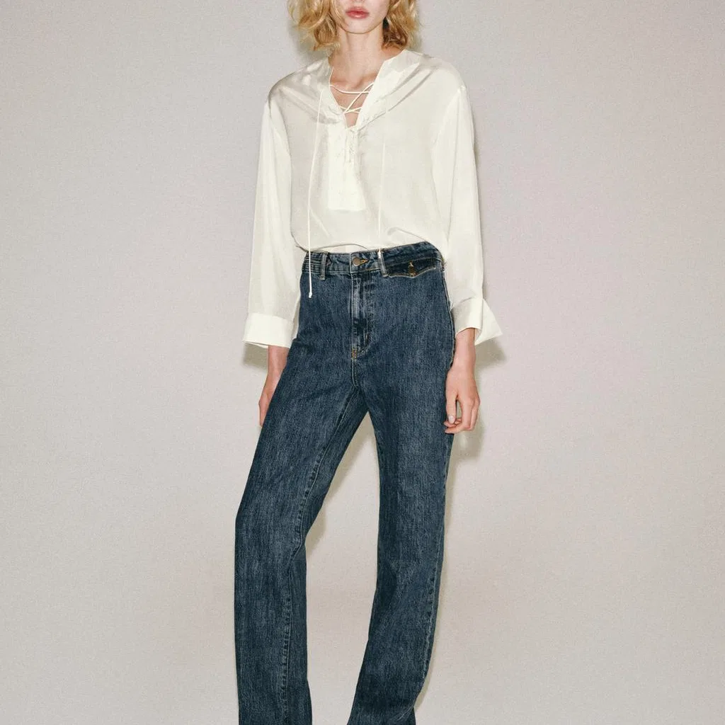 Женская рубашка с V-образным вырезом, бренд ZARA, Raw White — фото 4