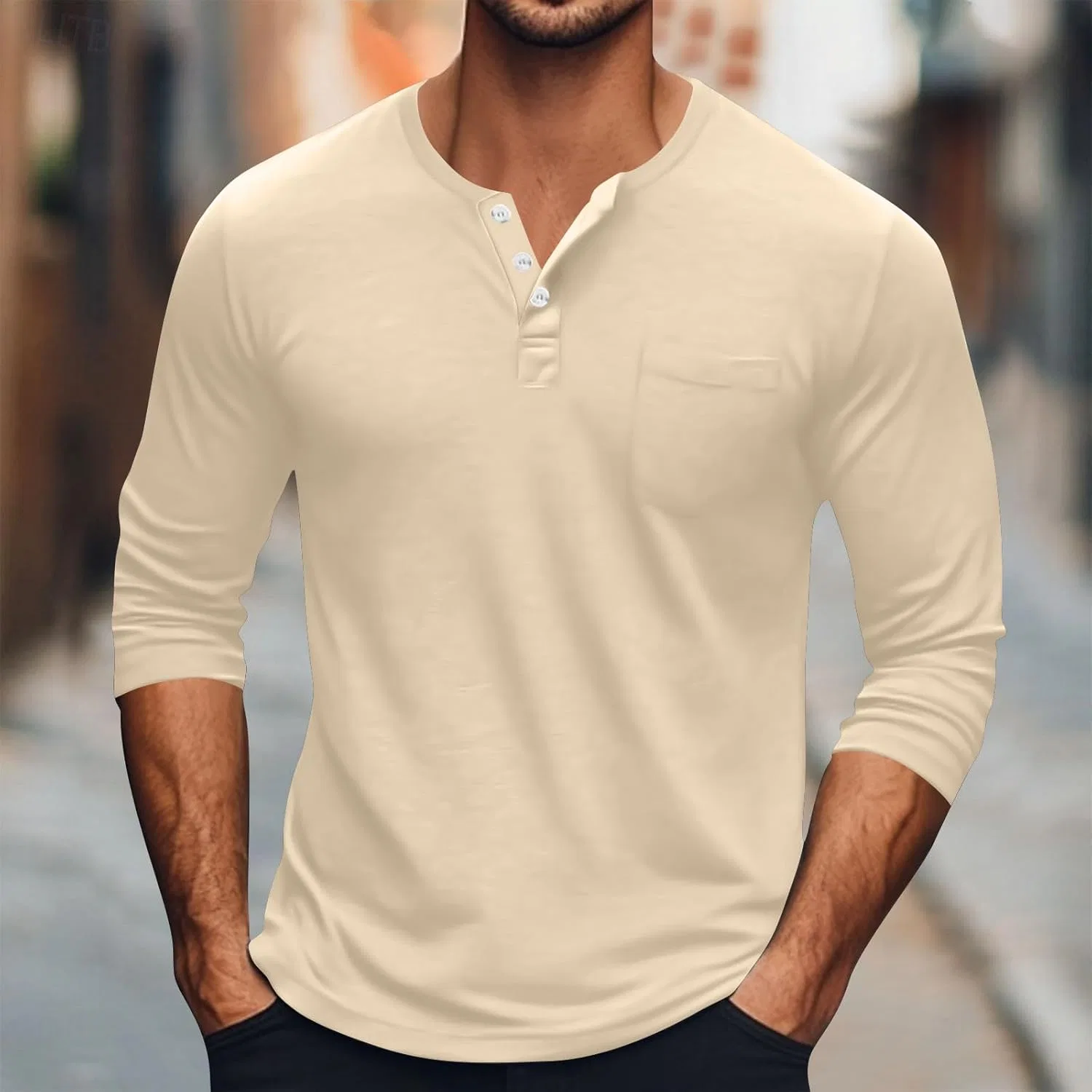 Мужская повседневная футболка с длинным рукавом Henley, Beige — фото 2