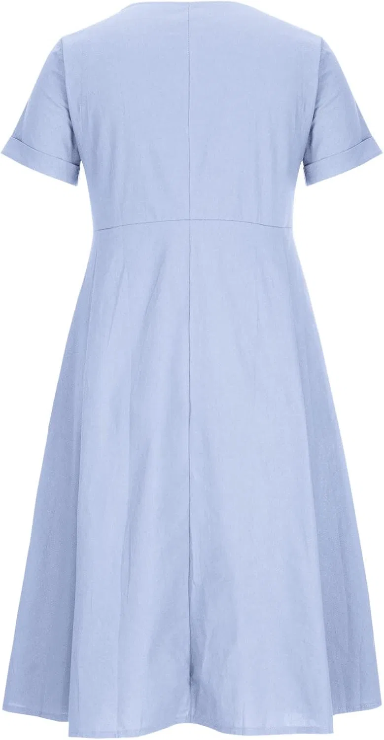 Женское повседневное платье из хлопка и льна с V-образным вырезом, Light Blue — фото 4
