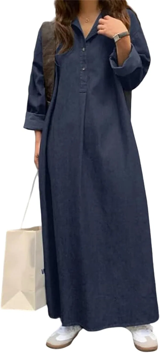 Женское макси-платье с V-образным вырезом Button Down Rolled-Up Sleeve Long Blouse Maxi Dress, Dark Blue — фото 2