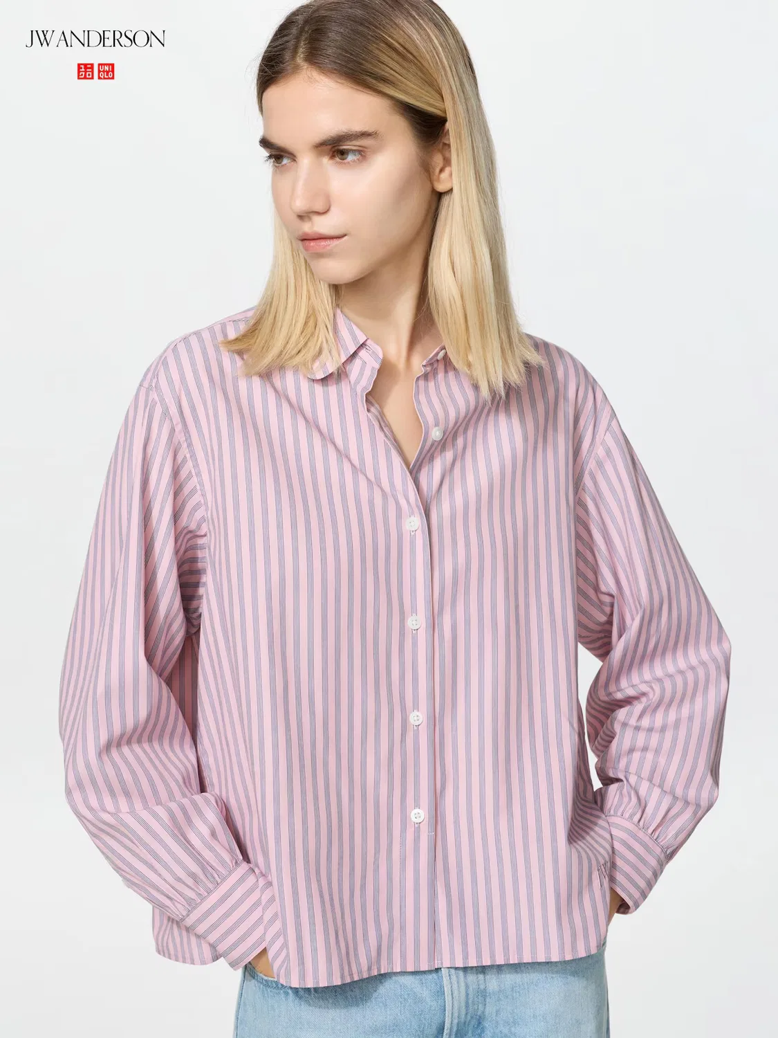 Рубашка Uniqlo с объемными рукавами, в полоску, розовый