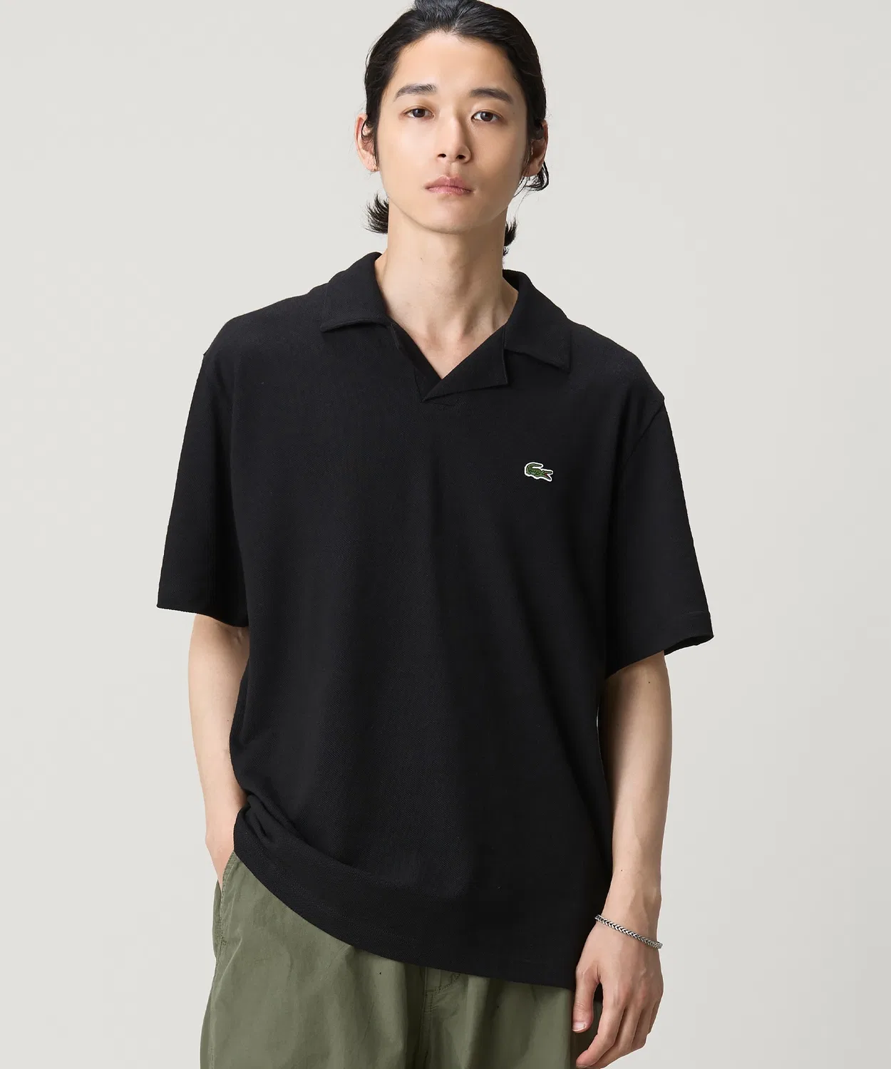 Мужская футболка-поло с открытым воротом, хлопок и лен, Classic Fit LACOSTE, Black