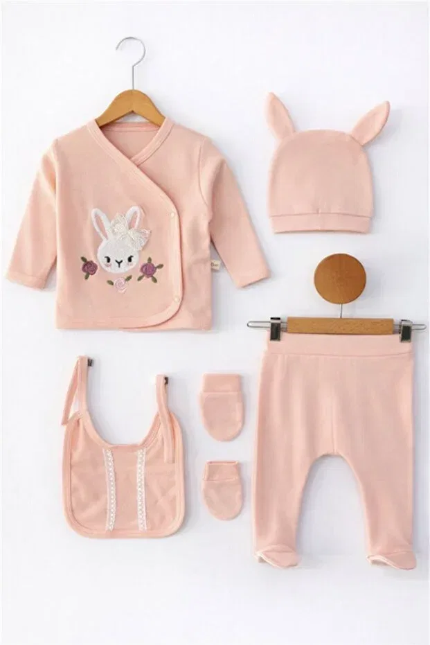 Детский комбинезон для новорожденных с принтом Organic baby girl print rabbit patterned 5-piece jumpsuit hospital release newborn outfit baby bib Bamoola, Lilac — фото 3