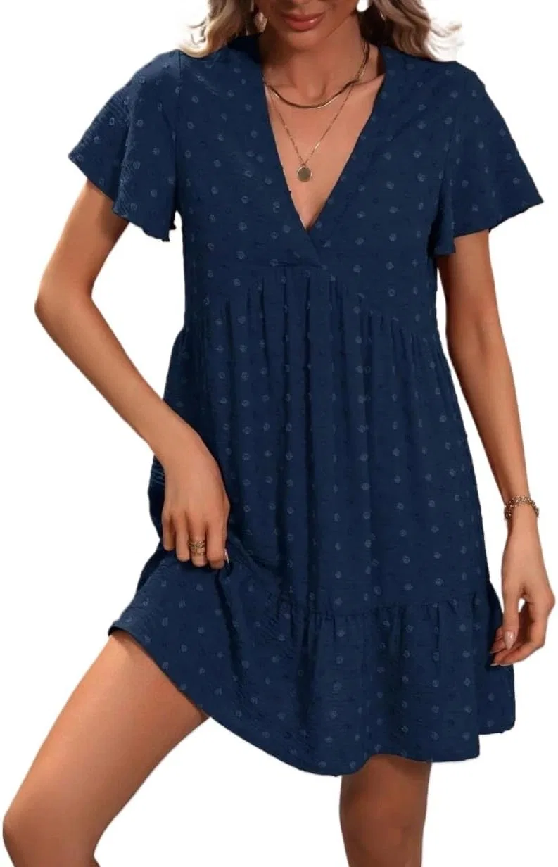 Женское короткое платье-смок с запахом и оборками, Navy Blue