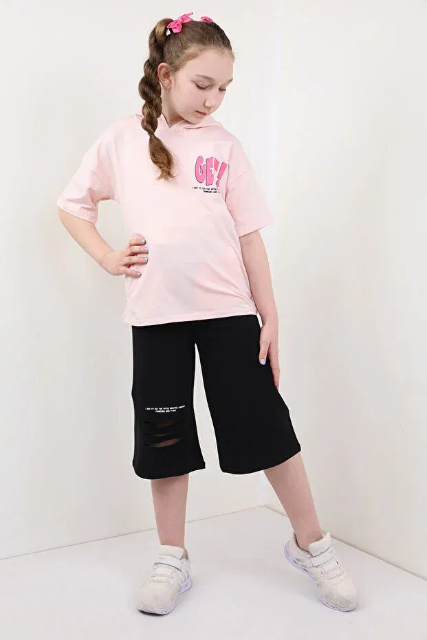 Детский комплект для девочек с принтом Bring the girl's chest! printed hooded capri set Toontoy, Powder