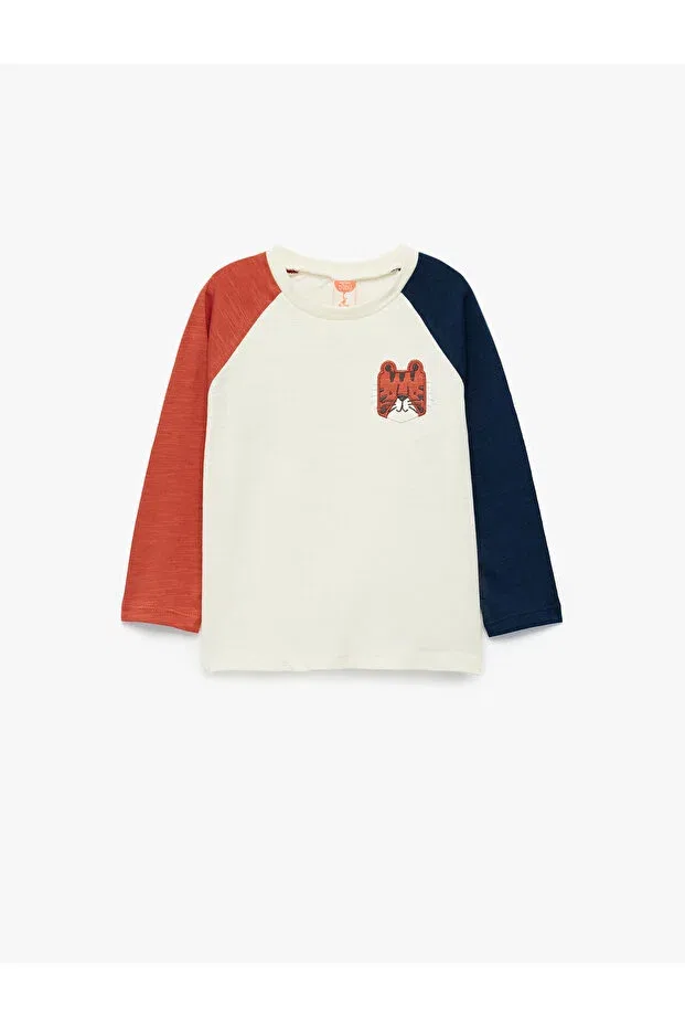 Детская футболка с длинным рукавом для мальчиков Color block cotton embroidered ecru baby boy long sleeve t-shirt 6wmb10102tk Koton, Ecru