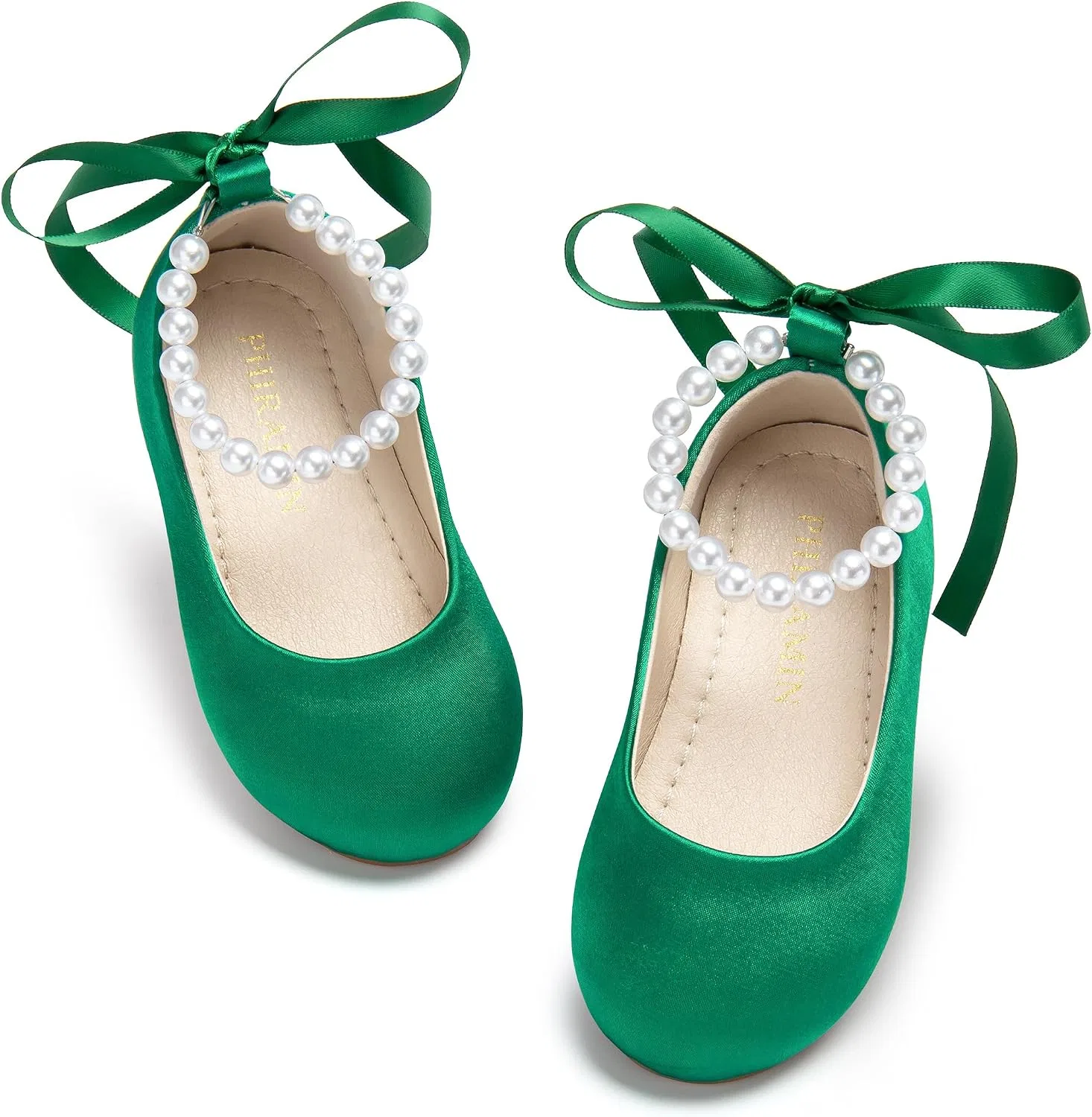 Детские туфли-балетки для девочек с жемчужным ремешком PHIRAMIN, Green Pearl Strap