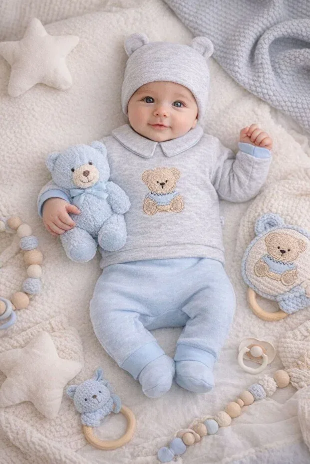 Детский комплект для новорожденных для мальчиков хлопковый Gentle teddy 5-piece newborn hospital discharge set Nonna Baby, Blue