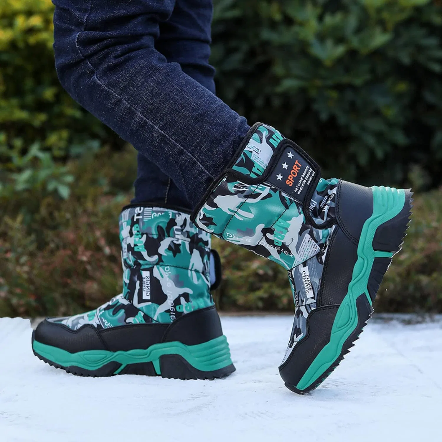 Детские зимние ботинки для девочек и мальчиков с теплой подкладкой FLIOZY, Black/Green — фото 2