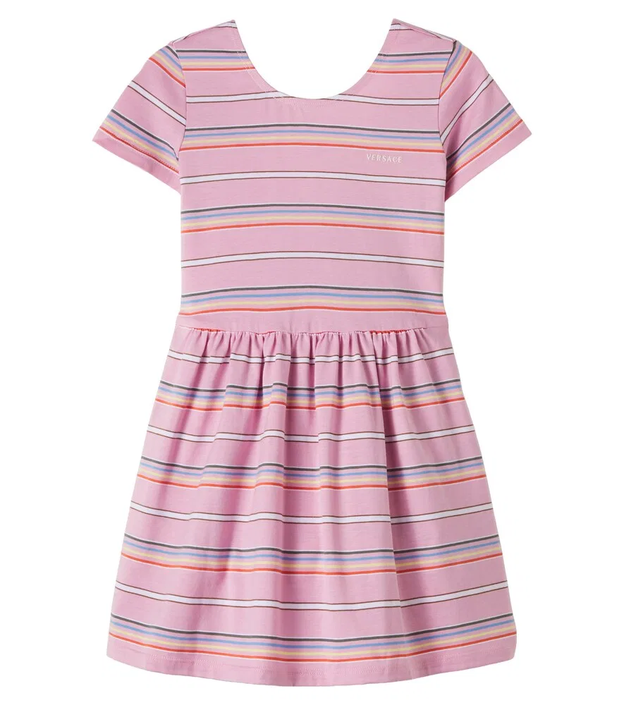 Платье из хлопкового трикотажа в полоску с логотипом Versace Kids, розовый